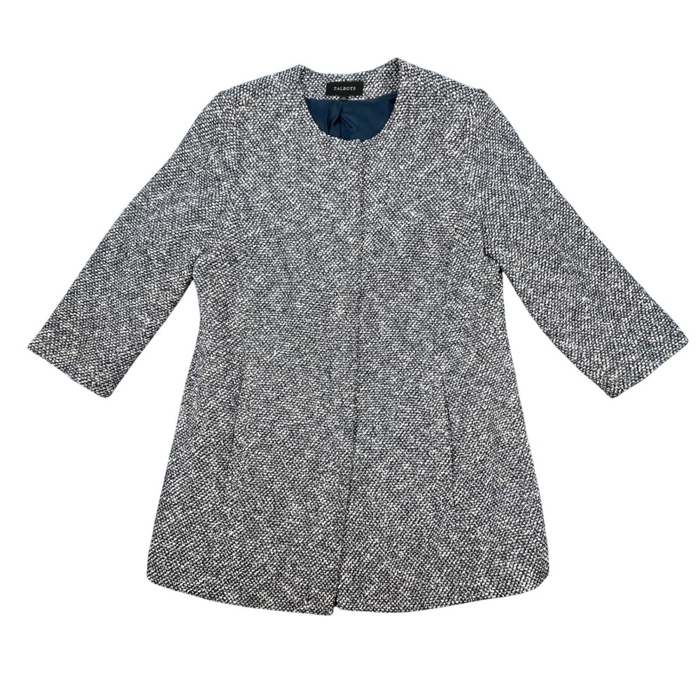 Talbots Navy White Tweed Collarless Snap Front Jacket Women Size M
